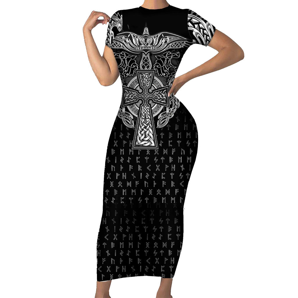 Viking Vegvisir Serpent Rune Cross Short Sleeve Bodycon Dress Nordic Knotwork Runic Engraving Style