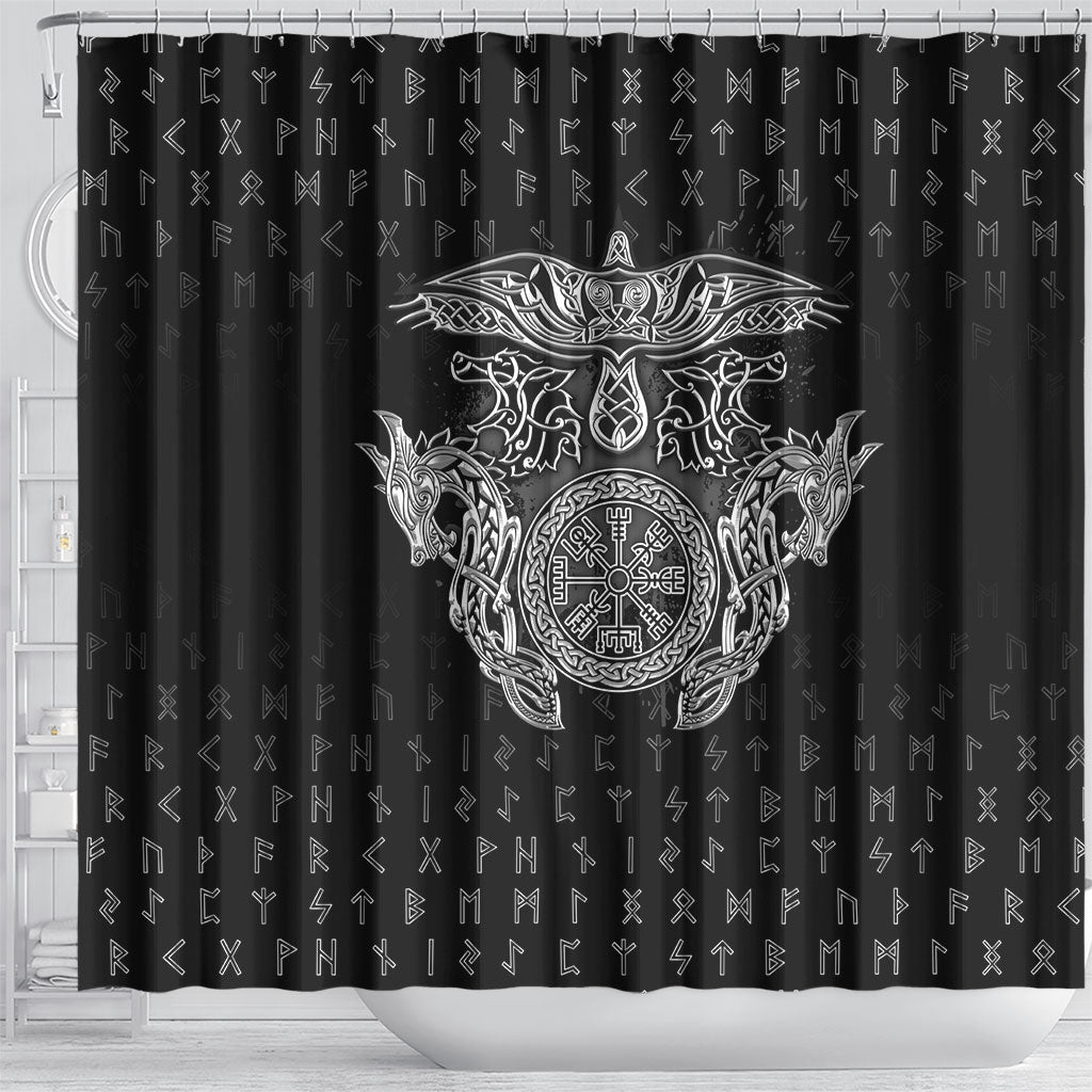 Viking Vegvisir Serpent Rune Cross Shower Curtain Nordic Knotwork Runic Engraving Style