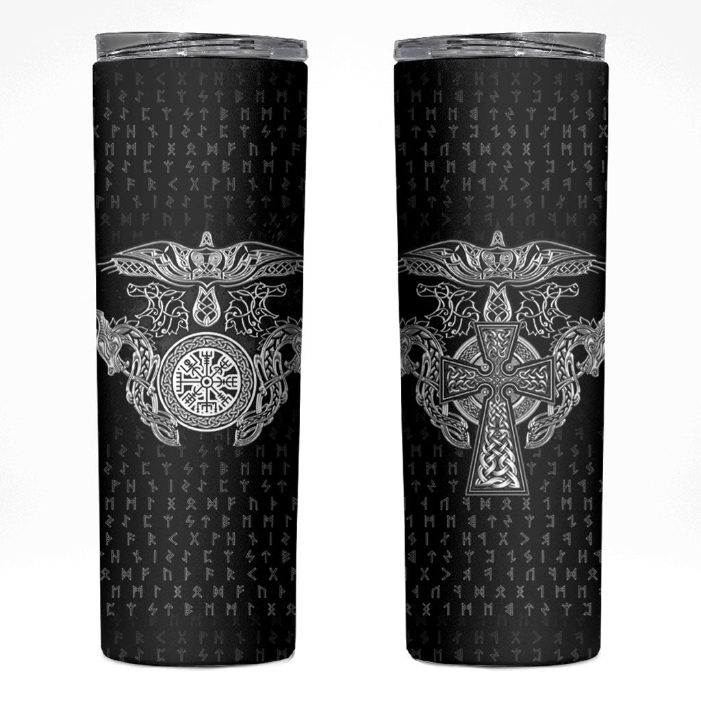 Viking Vegvisir Serpent Rune Cross Skinny Tumbler Nordic Knotwork Runic Engraving Style