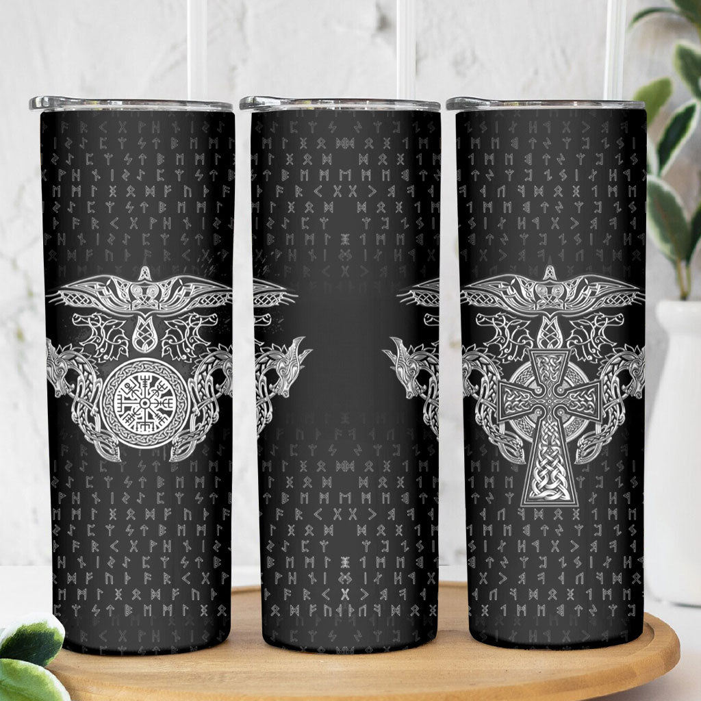 Viking Vegvisir Serpent Rune Cross Skinny Tumbler Nordic Knotwork Runic Engraving Style