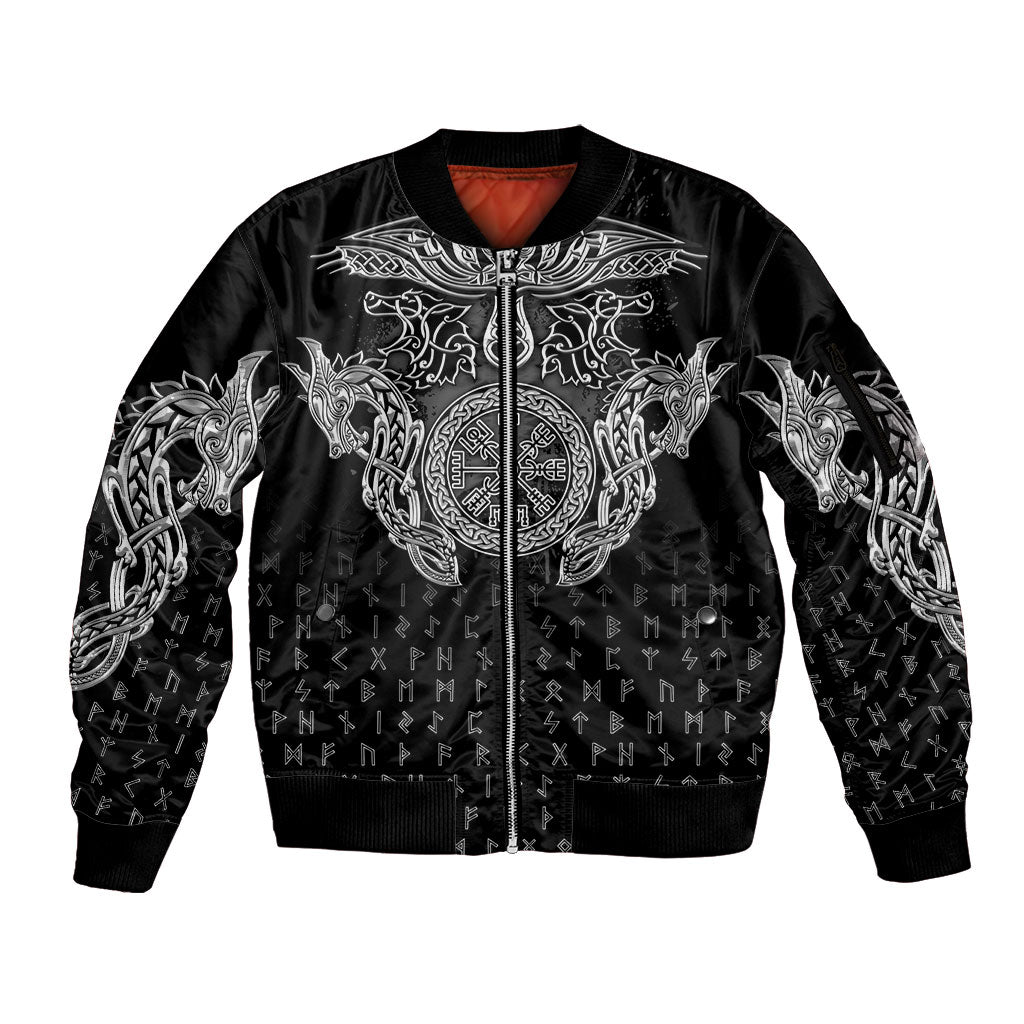 Viking Vegvisir Serpent Rune Cross Sleeve Zip Bomber Jacket Nordic Knotwork Runic Engraving Style