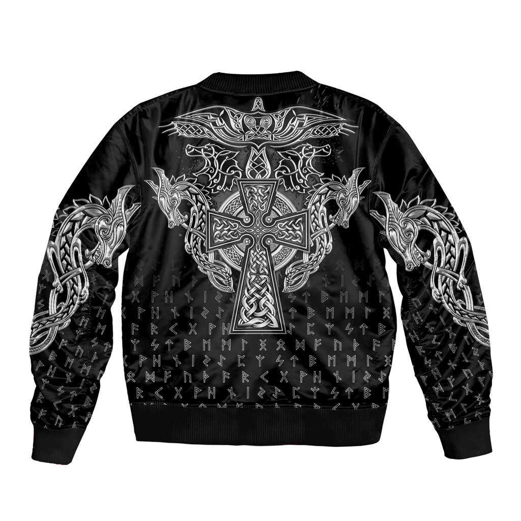 Viking Vegvisir Serpent Rune Cross Sleeve Zip Bomber Jacket Nordic Knotwork Runic Engraving Style