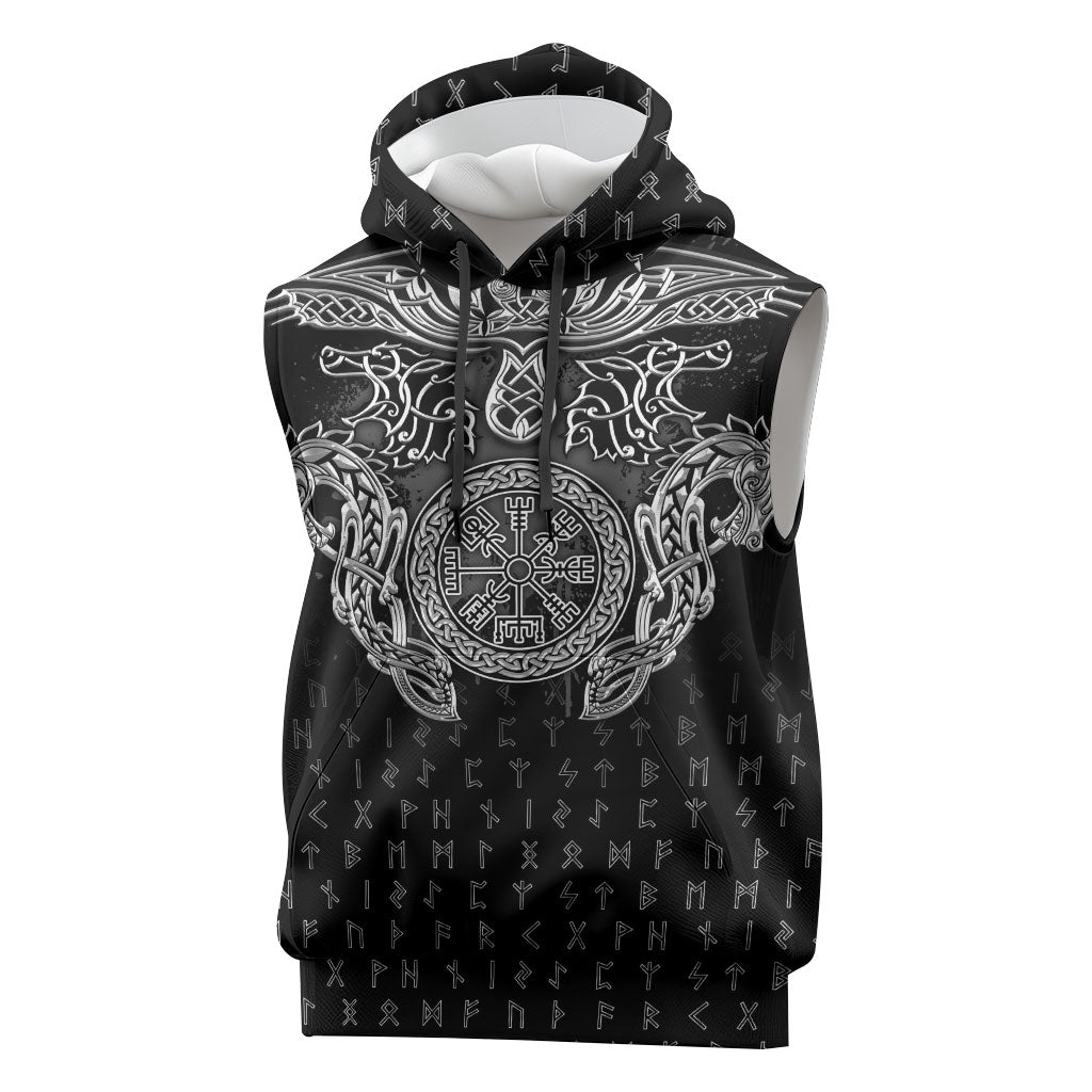 Viking Vegvisir Serpent Rune Cross Sleeveless Hoodie Nordic Knotwork Runic Engraving Style