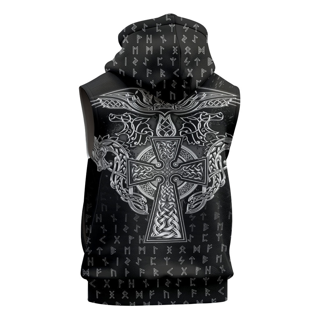 Viking Vegvisir Serpent Rune Cross Sleeveless Hoodie Nordic Knotwork Runic Engraving Style