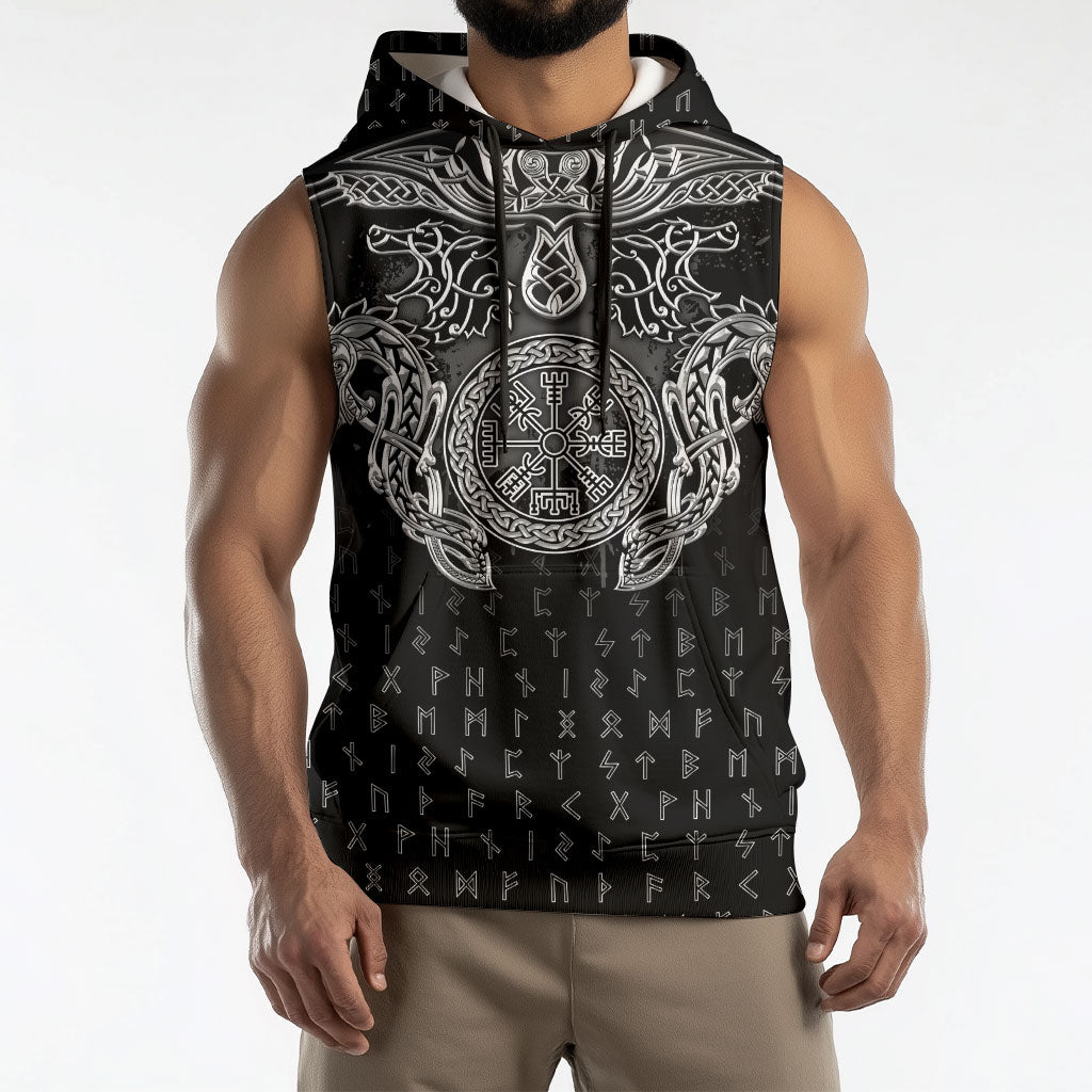 Viking Vegvisir Serpent Rune Cross Sleeveless Hoodie Nordic Knotwork Runic Engraving Style