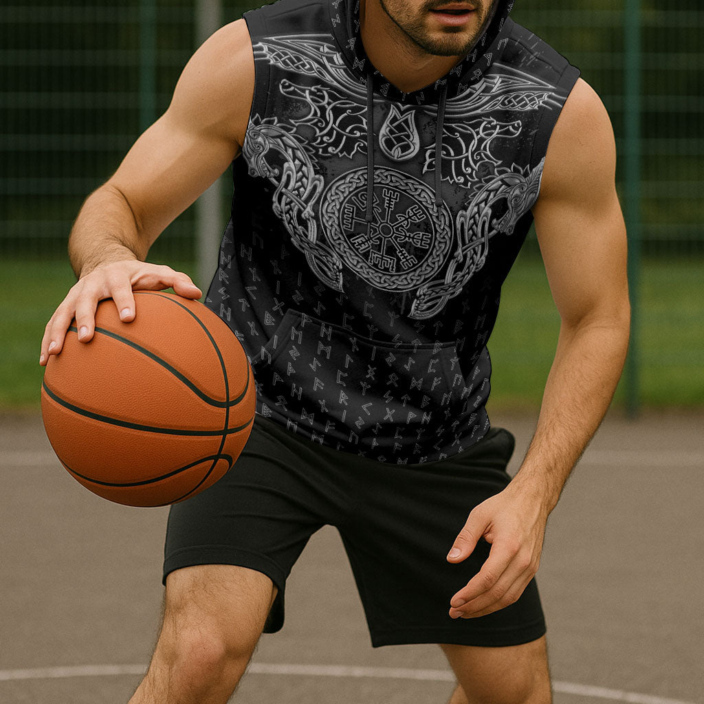 Viking Vegvisir Serpent Rune Cross Sleeveless Hoodie Nordic Knotwork Runic Engraving Style