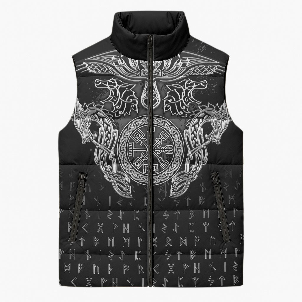 Viking Vegvisir Serpent Rune Cross Sleeveless Puffer Jacket Nordic Knotwork Runic Engraving Style