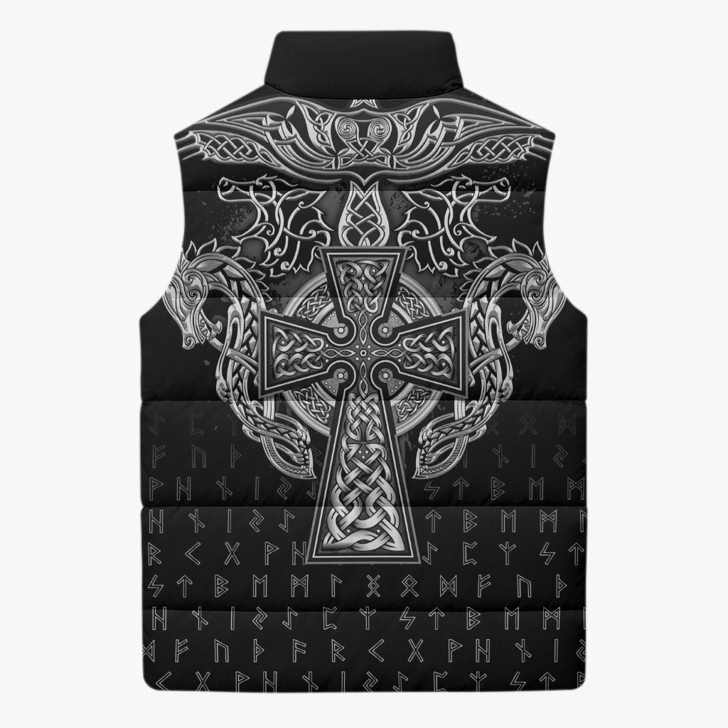 Viking Vegvisir Serpent Rune Cross Sleeveless Puffer Jacket Nordic Knotwork Runic Engraving Style