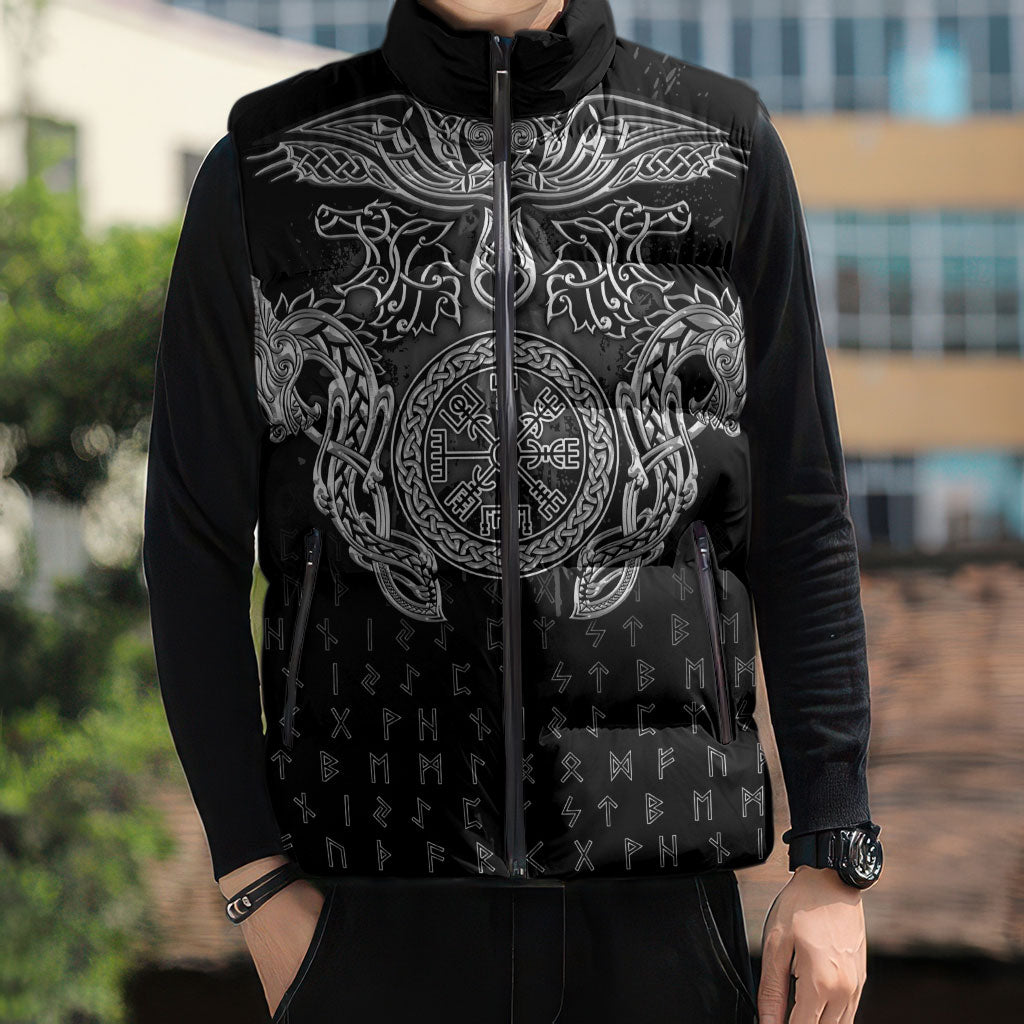 Viking Vegvisir Serpent Rune Cross Sleeveless Puffer Jacket Nordic Knotwork Runic Engraving Style