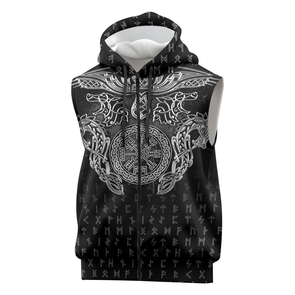 Viking Vegvisir Serpent Rune Cross Sleeveless Zip Hoodie Nordic Knotwork Runic Engraving Style
