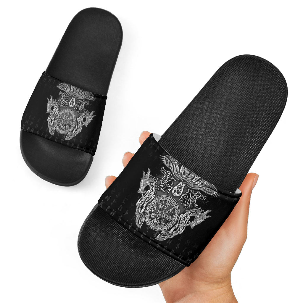 Viking Vegvisir Serpent Rune Cross Slide Sandals Nordic Knotwork Runic Engraving Style