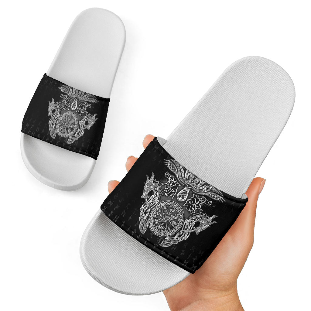 Viking Vegvisir Serpent Rune Cross Slide Sandals Nordic Knotwork Runic Engraving Style