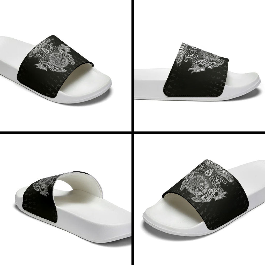 Viking Vegvisir Serpent Rune Cross Slide Sandals Nordic Knotwork Runic Engraving Style