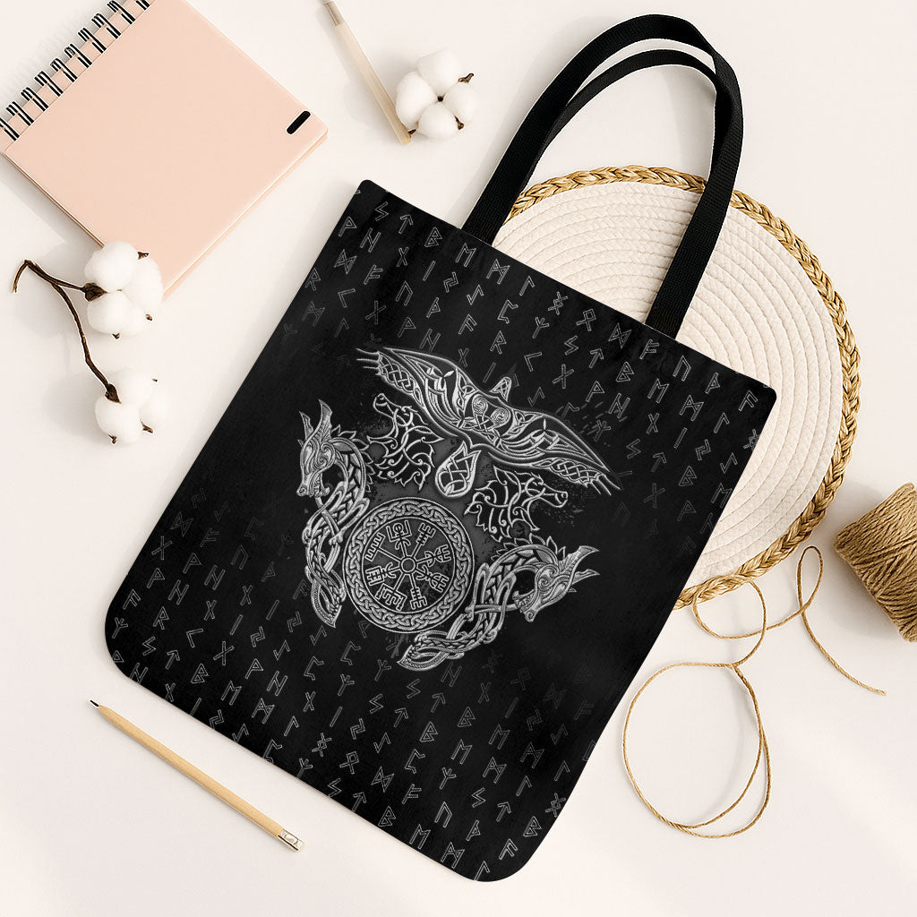 Viking Vegvisir Serpent Rune Cross Tote Bag Nordic Knotwork Runic Engraving Style