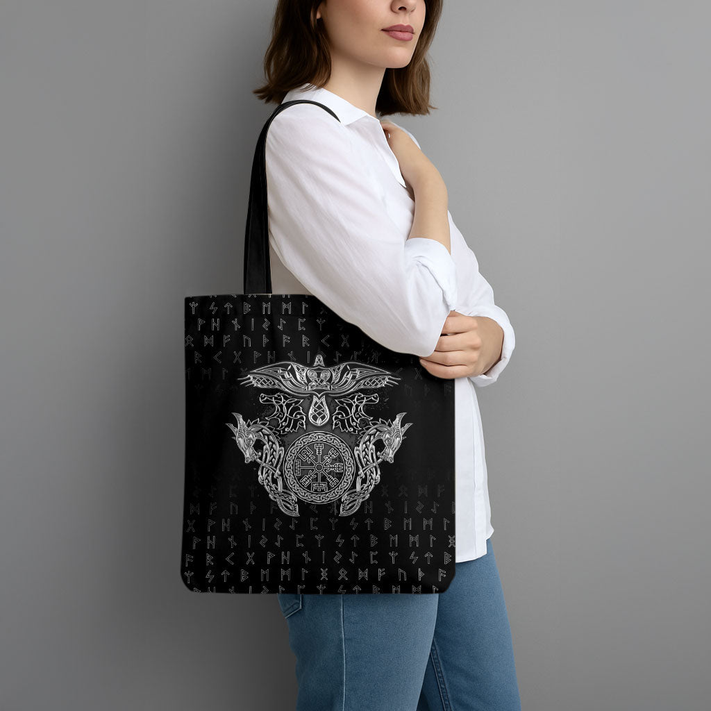 Viking Vegvisir Serpent Rune Cross Tote Bag Nordic Knotwork Runic Engraving Style