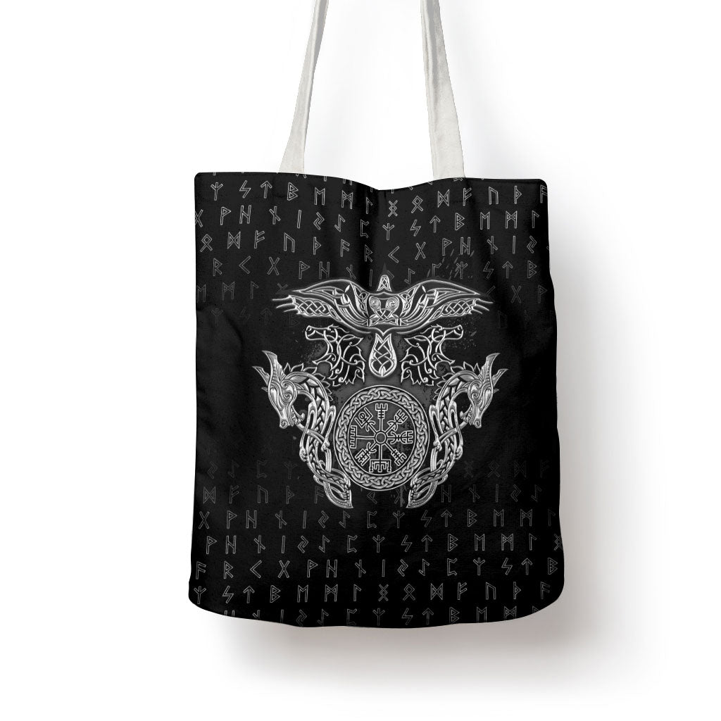 Viking Vegvisir Serpent Rune Cross Tote Bag Nordic Knotwork Runic Engraving Style