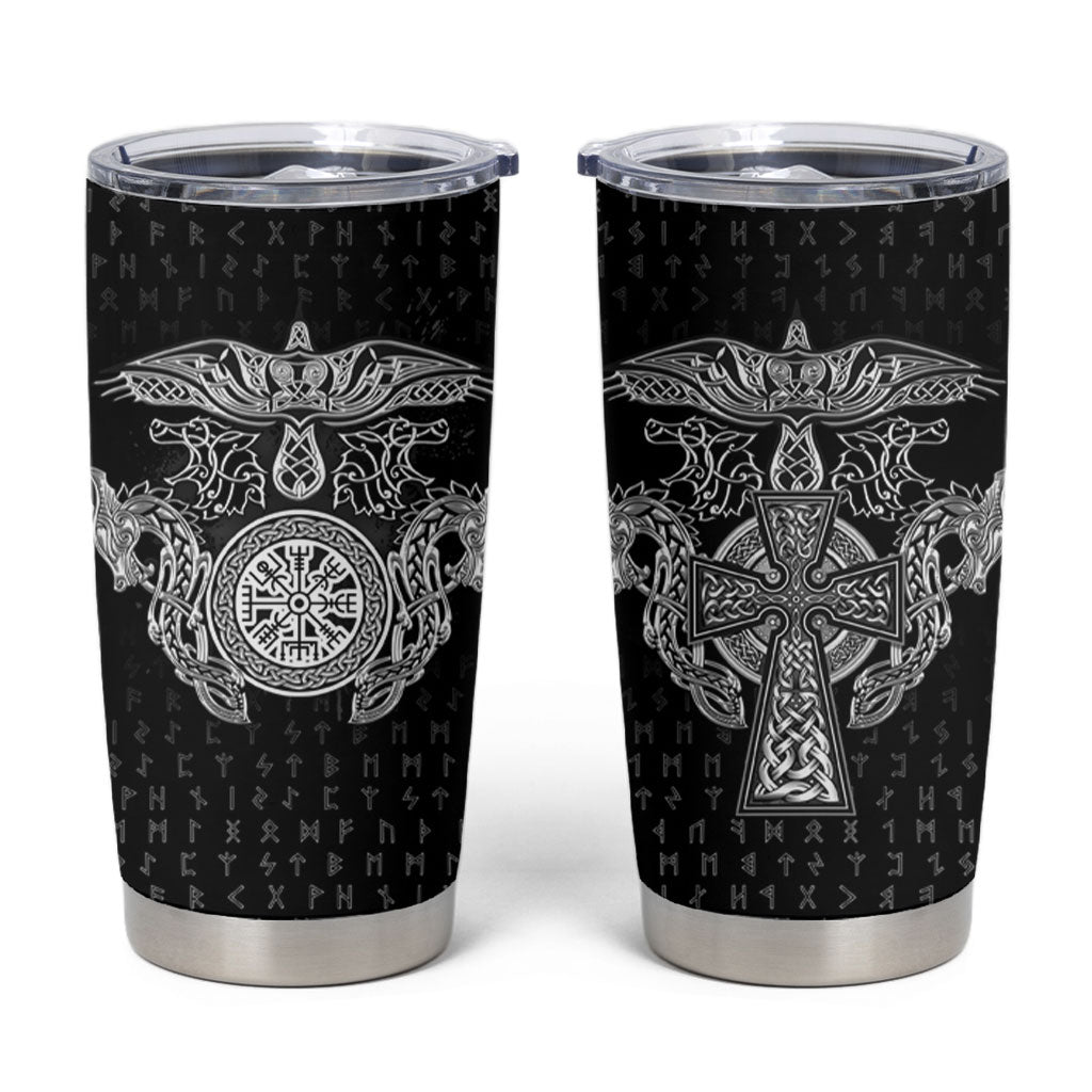 Viking Vegvisir Serpent Rune Cross Tumbler Cup Nordic Knotwork Runic Engraving Style