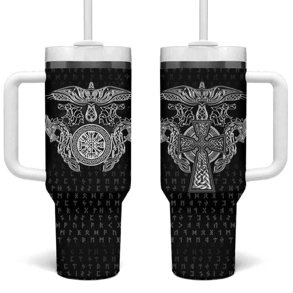 Viking Vegvisir Serpent Rune Cross Tumbler With Handle Nordic Knotwork Runic Engraving Style