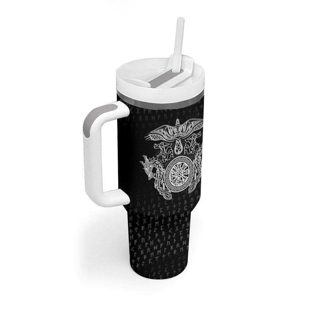 Viking Vegvisir Serpent Rune Cross Tumbler With Handle Nordic Knotwork Runic Engraving Style