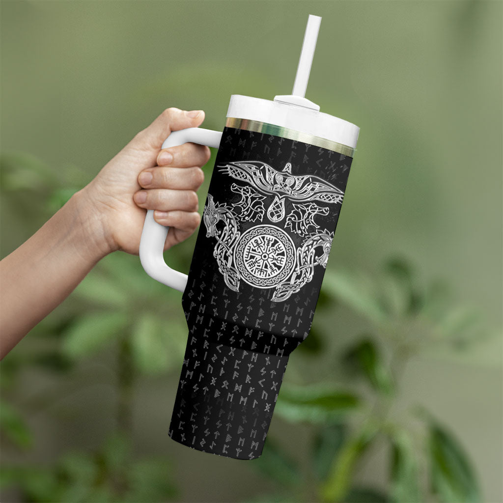 Viking Vegvisir Serpent Rune Cross Tumbler With Handle Nordic Knotwork Runic Engraving Style