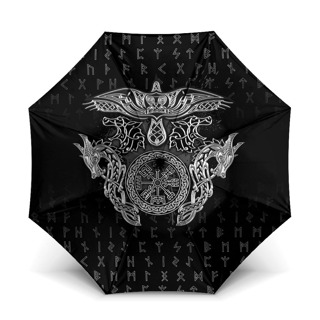 Viking Vegvisir Serpent Rune Cross Umbrella Nordic Knotwork Runic Engraving Style