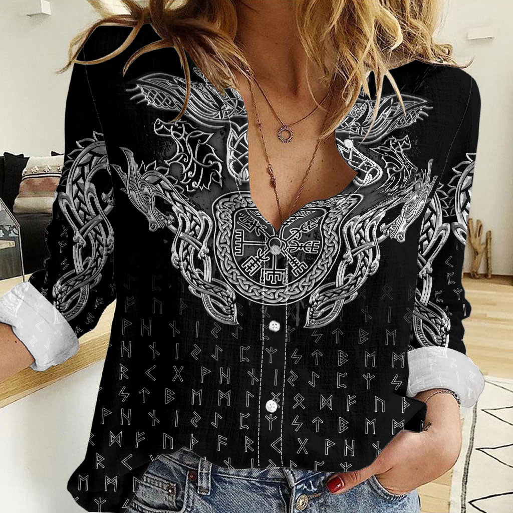 Viking Vegvisir Serpent Rune Cross Women Casual Shirt Nordic Knotwork Runic Engraving Style
