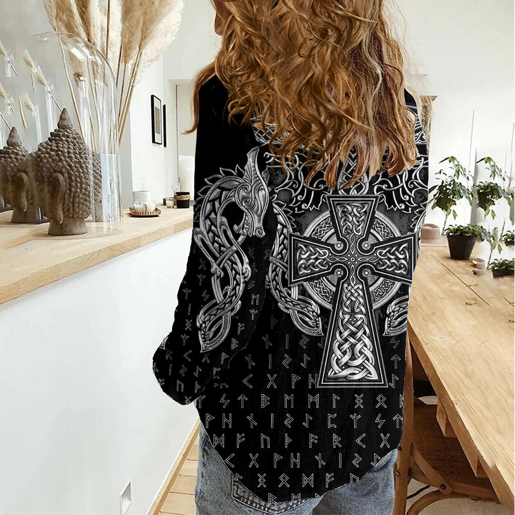 Viking Vegvisir Serpent Rune Cross Women Casual Shirt Nordic Knotwork Runic Engraving Style