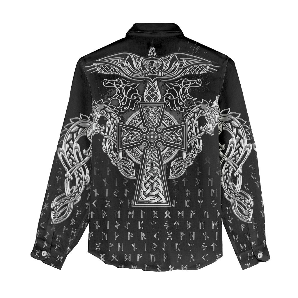 Viking Vegvisir Serpent Rune Cross Women Casual Shirt Nordic Knotwork Runic Engraving Style
