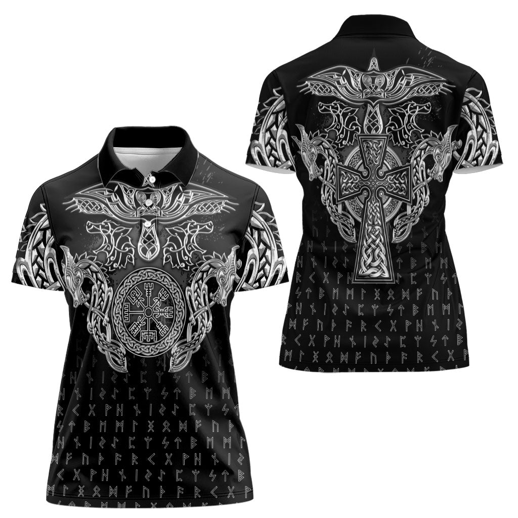Viking Vegvisir Serpent Rune Cross Women Polo Shirt Nordic Knotwork Runic Engraving Style