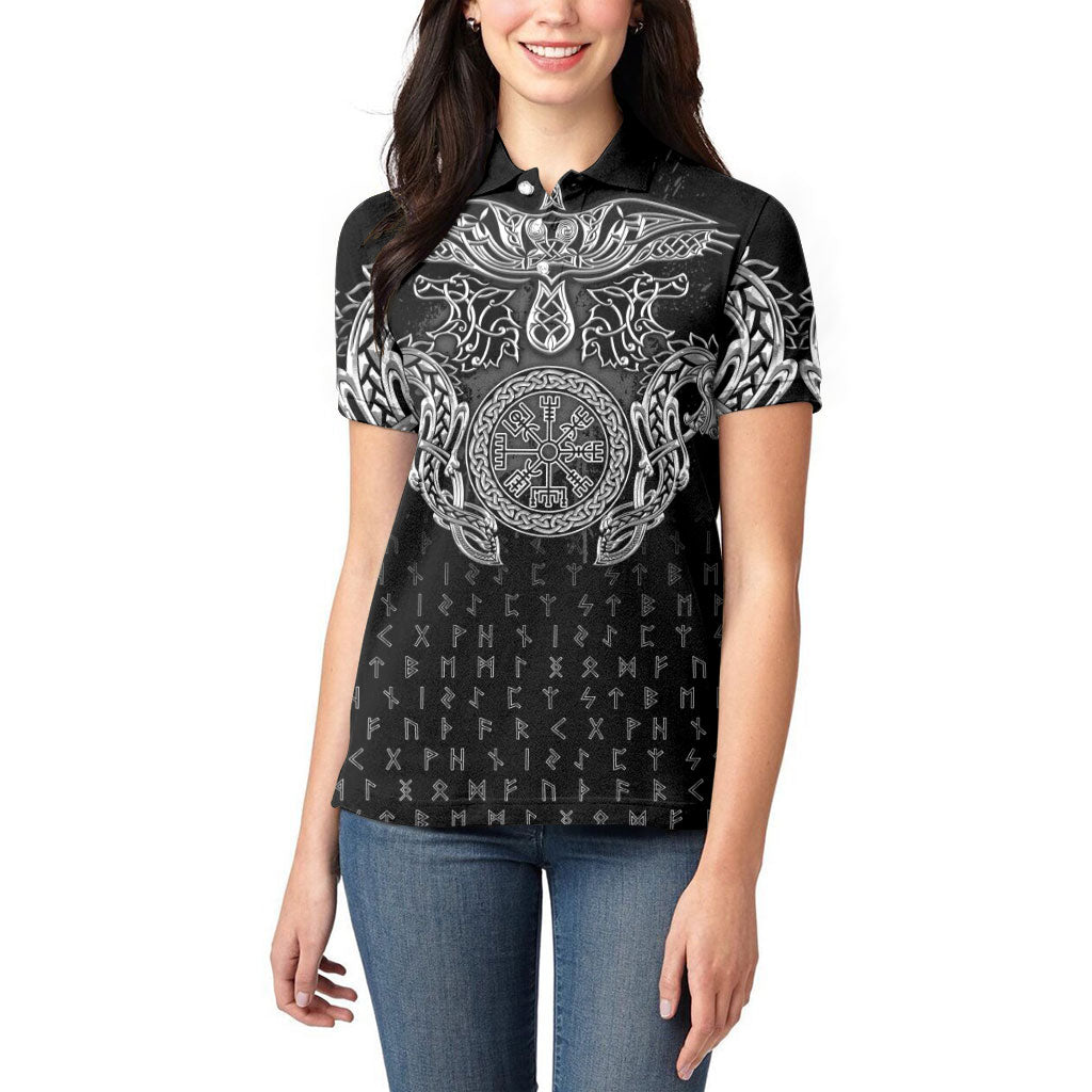 Viking Vegvisir Serpent Rune Cross Women Polo Shirt Nordic Knotwork Runic Engraving Style