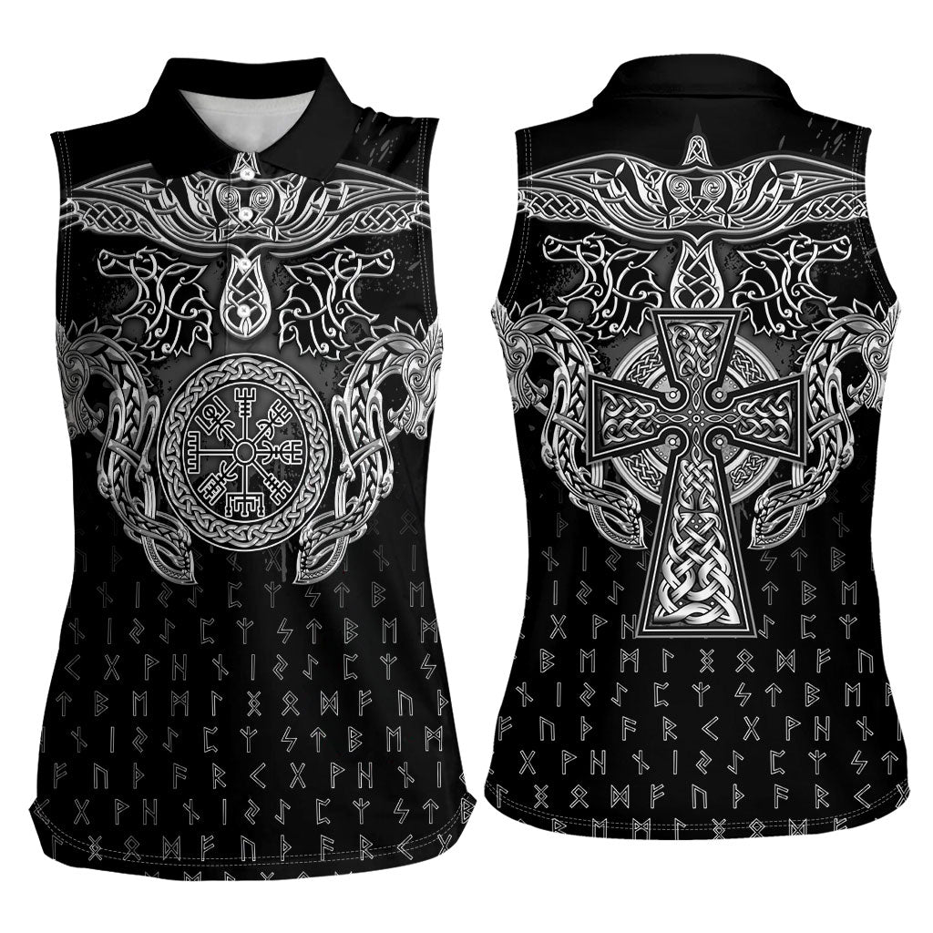 Viking Vegvisir Serpent Rune Cross Women Sleeveless Polo Shirt Nordic Knotwork Runic Engraving Style