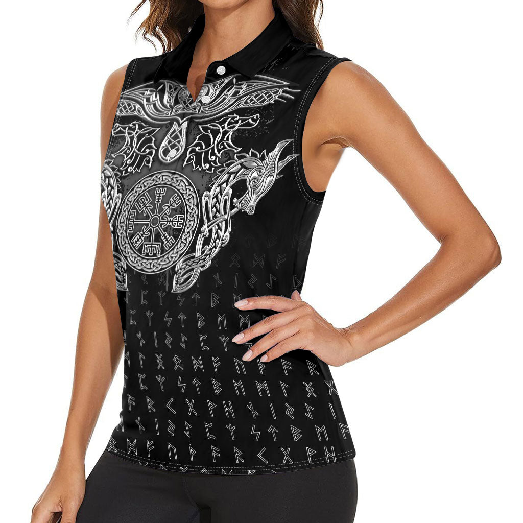 Viking Vegvisir Serpent Rune Cross Women Sleeveless Polo Shirt Nordic Knotwork Runic Engraving Style