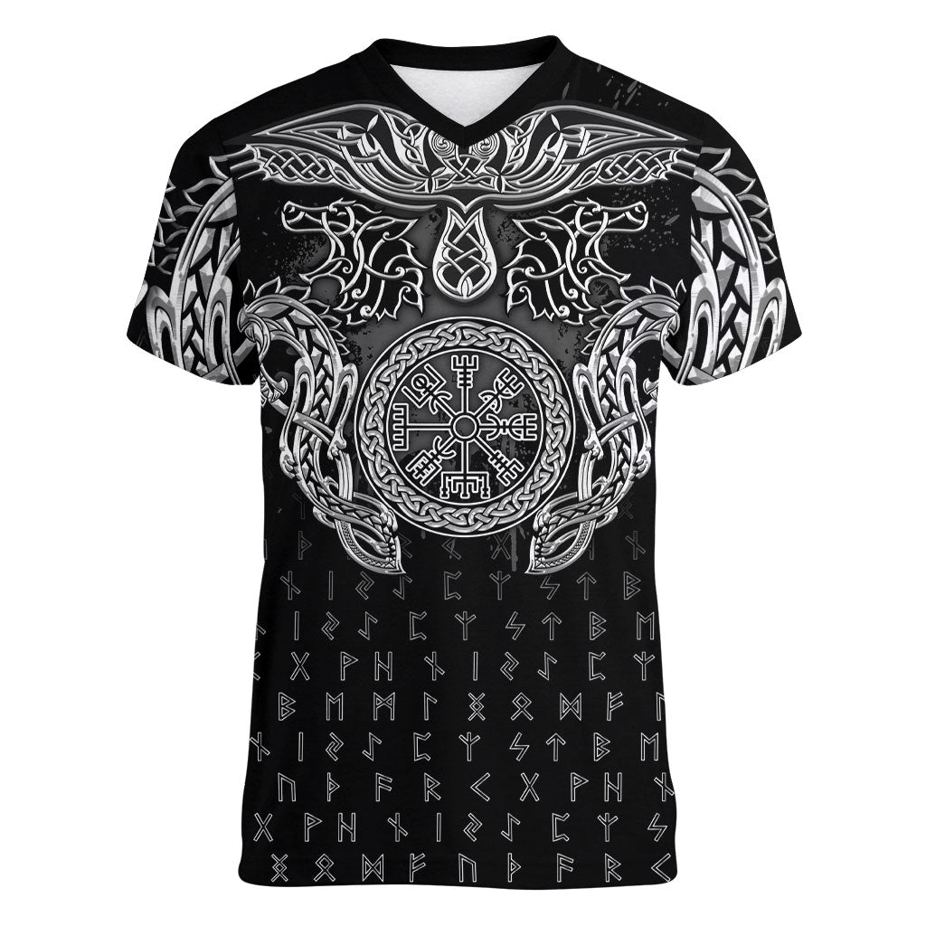 Viking Vegvisir Serpent Rune Cross Women V-Neck T-Shirt Nordic Knotwork Runic Engraving Style