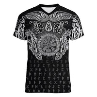 Viking Vegvisir Serpent Rune Cross Women V-Neck T-Shirt Nordic Knotwork Runic Engraving Style