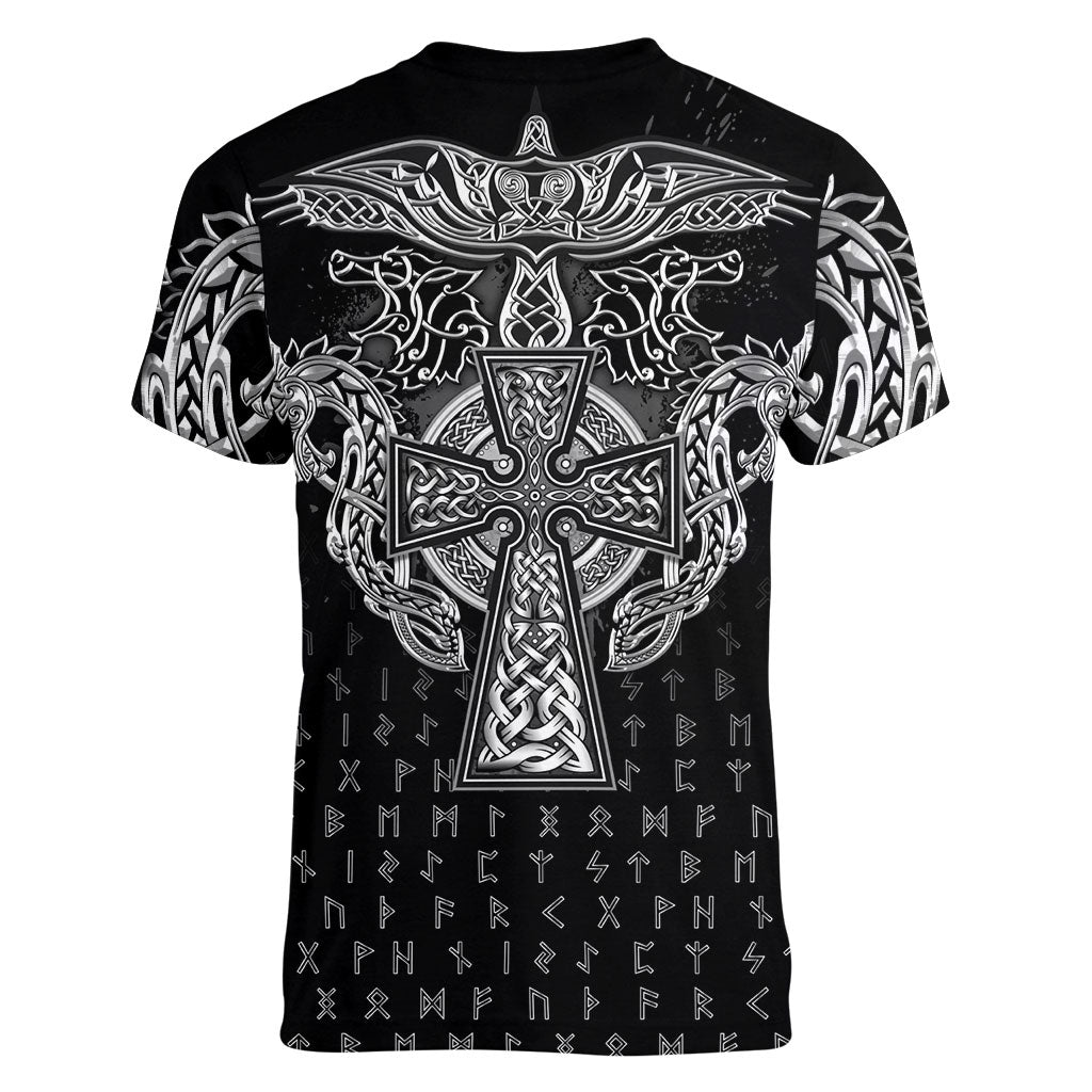 Viking Vegvisir Serpent Rune Cross Women V-Neck T-Shirt Nordic Knotwork Runic Engraving Style