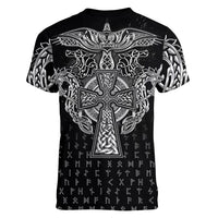Viking Vegvisir Serpent Rune Cross Women V-Neck T-Shirt Nordic Knotwork Runic Engraving Style