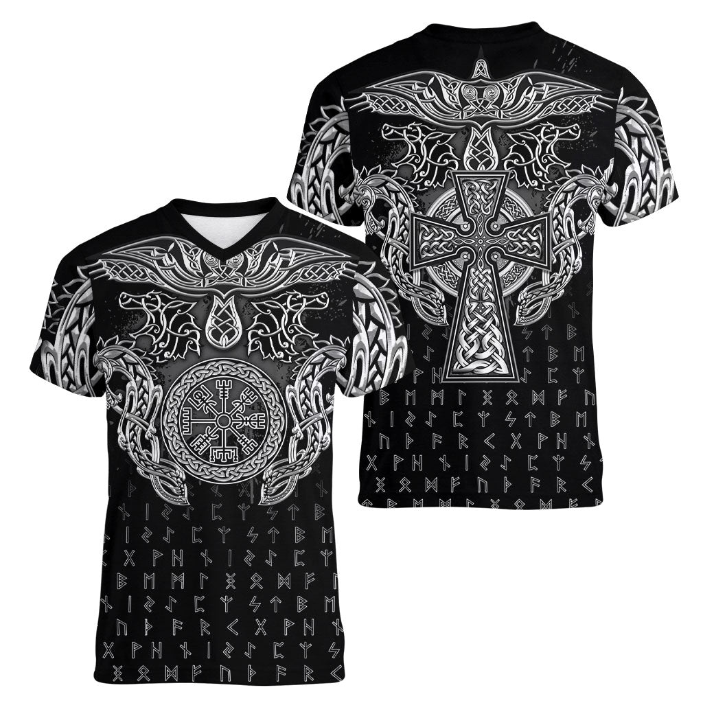 Viking Vegvisir Serpent Rune Cross Women V-Neck T-Shirt Nordic Knotwork Runic Engraving Style