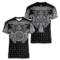 Viking Vegvisir Serpent Rune Cross Women V-Neck T-Shirt Nordic Knotwork Runic Engraving Style