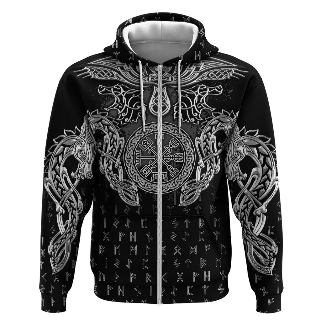 Viking Vegvisir Serpent Rune Cross Zip Hoodie Nordic Knotwork Runic Engraving Style