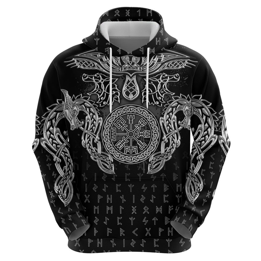 Viking Vegvisir Serpent Rune Cross Zip Hoodie Nordic Knotwork Runic Engraving Style