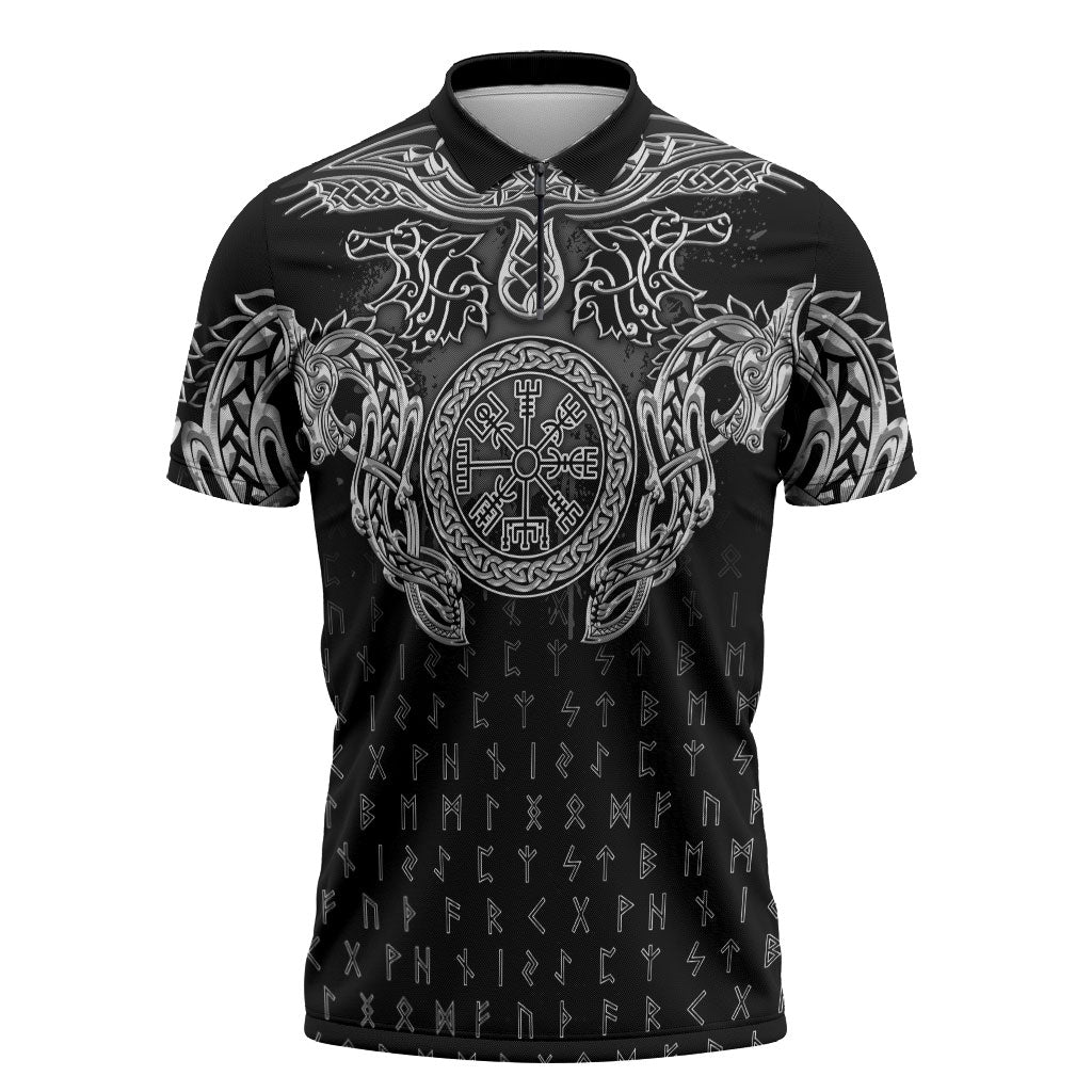 Viking Vegvisir Serpent Rune Cross Zipper Polo Shirt Nordic Knotwork Runic Engraving Style