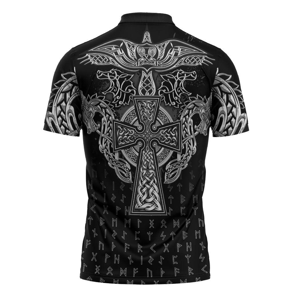 Viking Vegvisir Serpent Rune Cross Zipper Polo Shirt Nordic Knotwork Runic Engraving Style