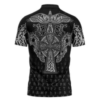 Viking Vegvisir Serpent Rune Cross Zipper Polo Shirt Nordic Knotwork Runic Engraving Style