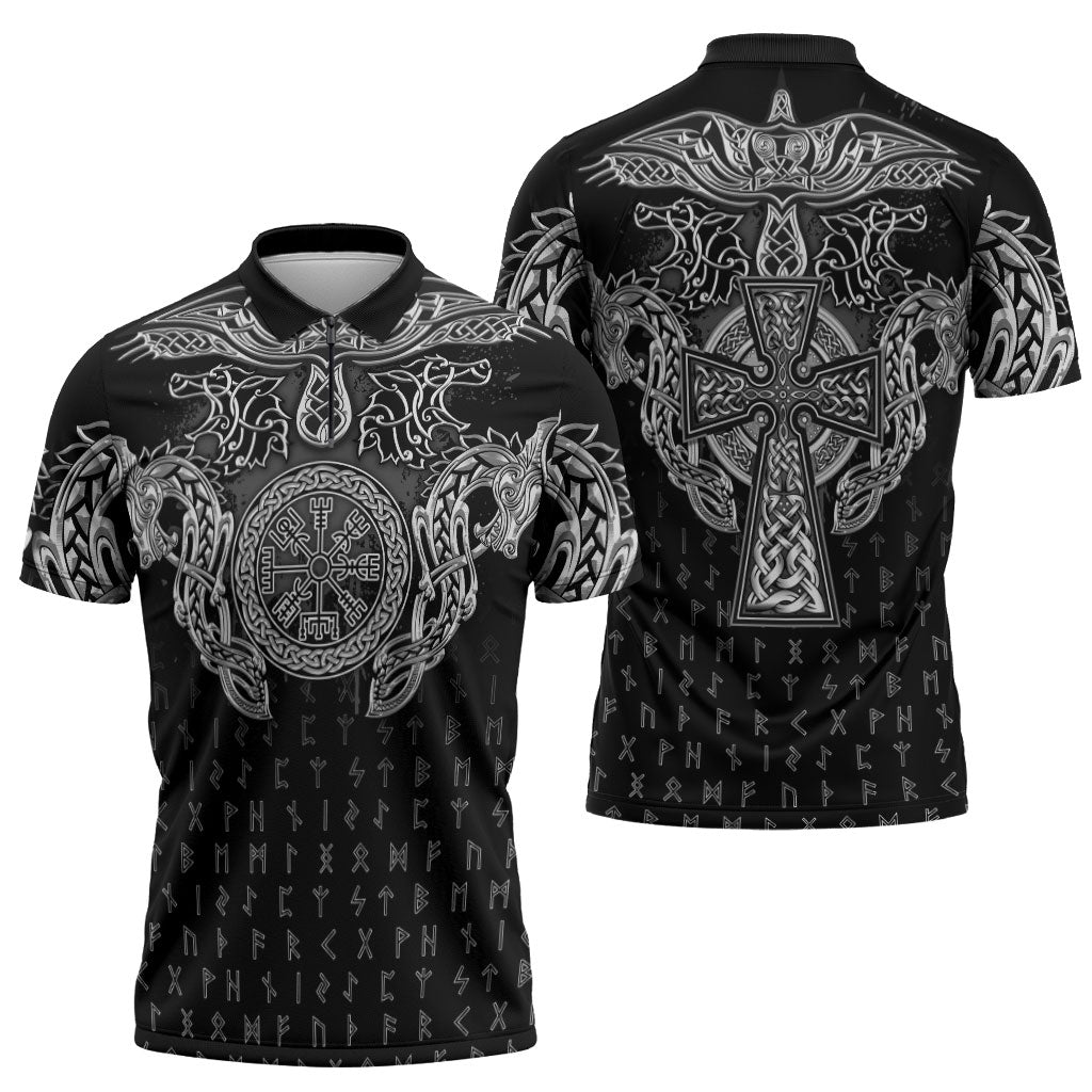 Viking Vegvisir Serpent Rune Cross Zipper Polo Shirt Nordic Knotwork Runic Engraving Style