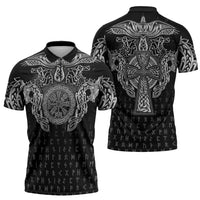 Viking Vegvisir Serpent Rune Cross Zipper Polo Shirt Nordic Knotwork Runic Engraving Style