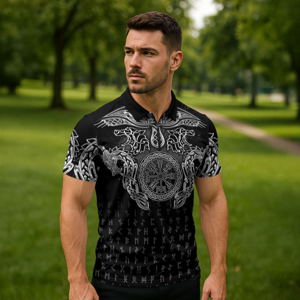 Viking Vegvisir Serpent Rune Cross Zipper Polo Shirt Nordic Knotwork Runic Engraving Style