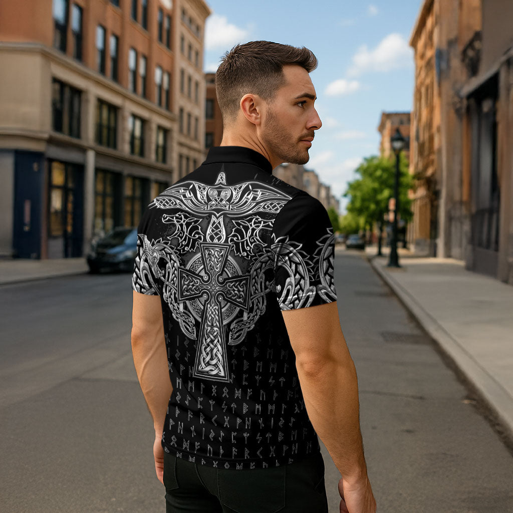 Viking Vegvisir Serpent Rune Cross Zipper Polo Shirt Nordic Knotwork Runic Engraving Style