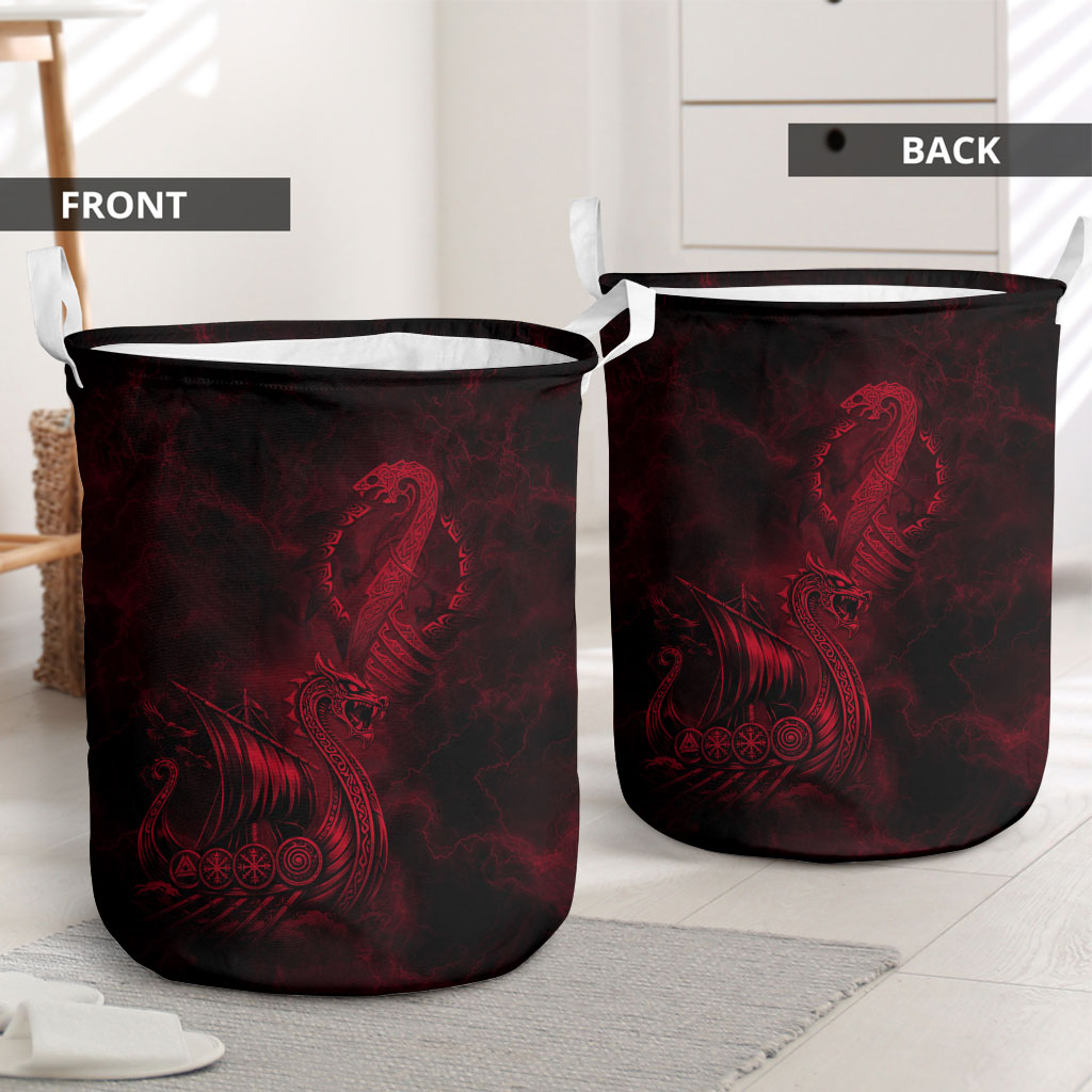 Viking Dragon Longship Helm of Awe Laundry Basket Nordic Mythology Tribal Engraving Style
