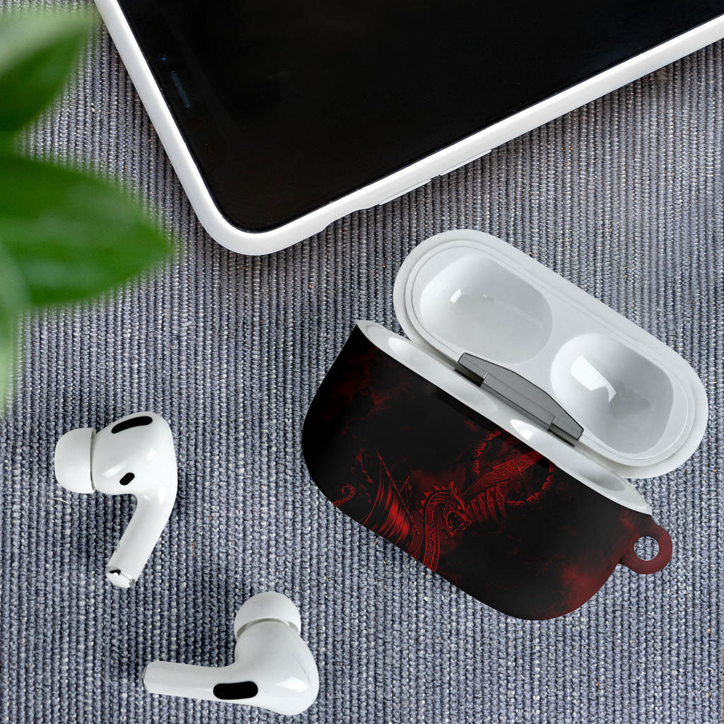 Viking Dragon Longship Helm of Awe AirPods Case Nordic Mythology Tribal Engraving Style