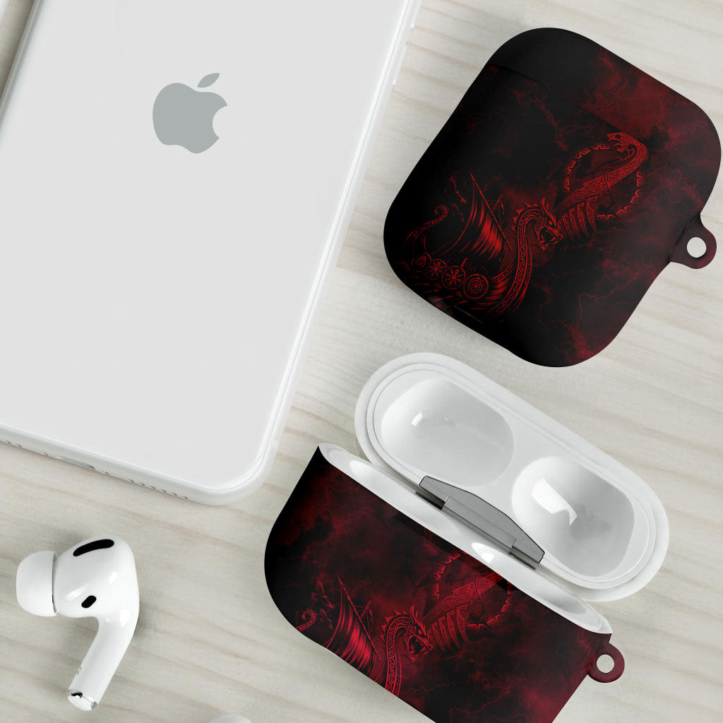 Viking Dragon Longship Helm of Awe AirPods Case Nordic Mythology Tribal Engraving Style